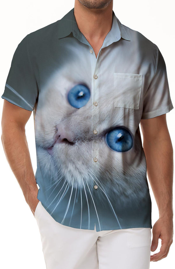 Elegant White Animal Cat Mens Casual Loose Button-Down Lapel Tropical Summer Hawaiian Top with Pockets