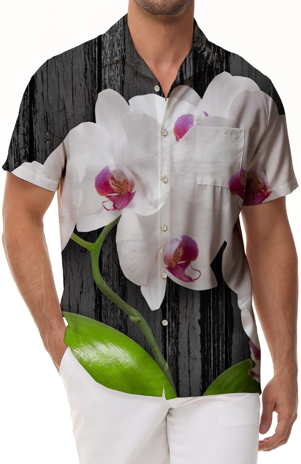White Orchid Print Men's Casual Floral Short Sleeve Button-Down Hawaiian Shirt Seaside Beach Tropical Shirt Short Sleeve