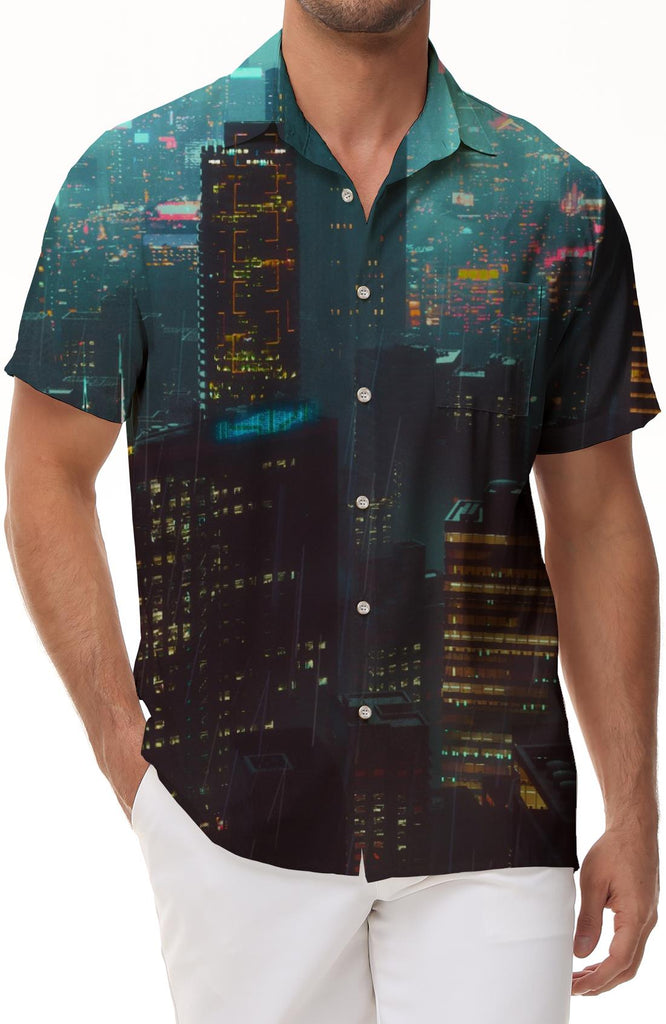 Bustling City Chic Hawaiian Shirt Mens Short Sleeve Front Pocket Button Graphic Print Casual Beach
