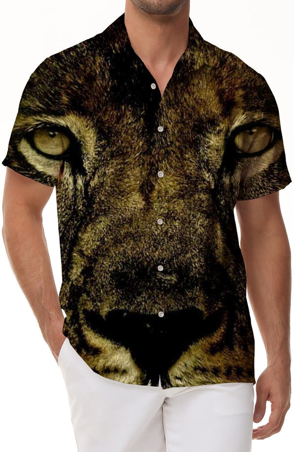 Lion and tiger fighting wild beast pattern Hawaiian button casual short sleeve men's ocean beach party