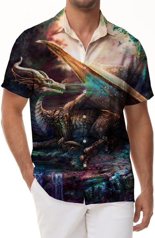 Ancient Dragon Digital Printed Short Sleeve Regular Style Hawaiian Casual Short Sleeve Shirt Button Lapel Pocket Men's Street Daily Short Sleeve Shirt Travel