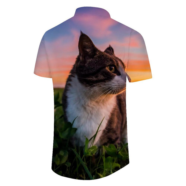 
Cute cat and sunset pattern men's Cuban collar short sleeve shirt suitable for vacation beach
                
