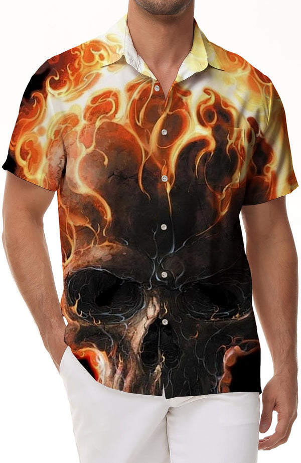 Skull Short Sleeve Fashion Retro Punisher Skull Print Short Sleeve Summer Regular Button Casual Beach Shirt Tops