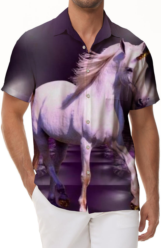 Beach summer shirt men's Hawaiian button short sleeve casual four seasons shirt white horse tropical short sleeve ocean short sleeve