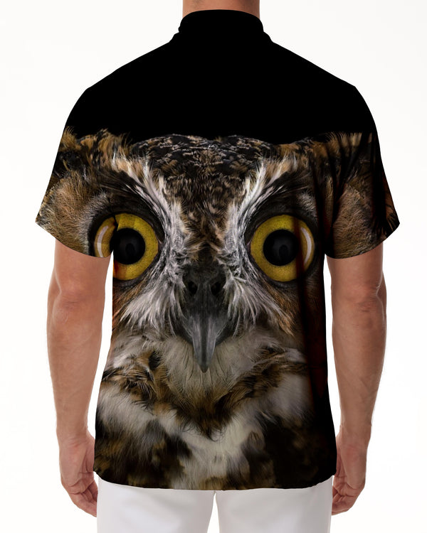 
Evil eye eagle owl night black animal 3d print pattern Hawaiian button lapel pocket men's casual style shirt short sleeve street
                