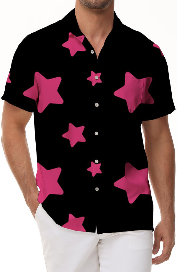 
Cool black pink five-pointed star men's casual loose vacation seaside beach tropical Hawaii daily casual short-sleeved shirt top
                