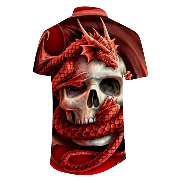 
Red dragon wrapped skull cool rap short-sleeved shirt men's casual style Hawaiian lapel button pocket short-sleeved shirt comfortable and breathable
                