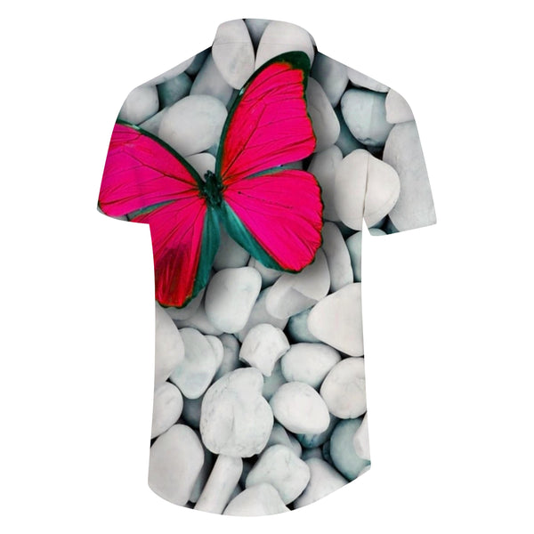 
Psychedelic Pink Butterfly and Gray Stone Men's Short Sleeve Shirt Casual Button Short Sleeve Top Comfortable Breathable Summer Clothing Tops
                