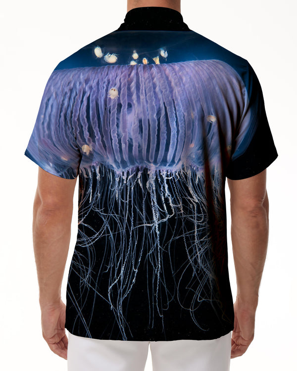 
Black deep sea purple transparent jellyfish ocean print men's casual loose collar short sleeve shirt short sleeve
                