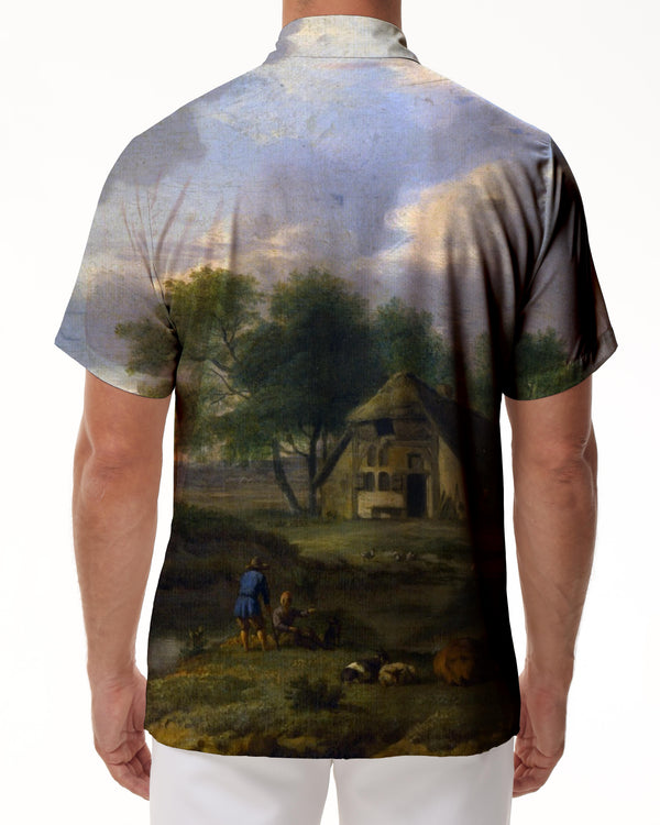 
Oil painting retro natural style Hawaiian tropical lapel tie pocket buttons Men's casual loose short sleeve shirt
                