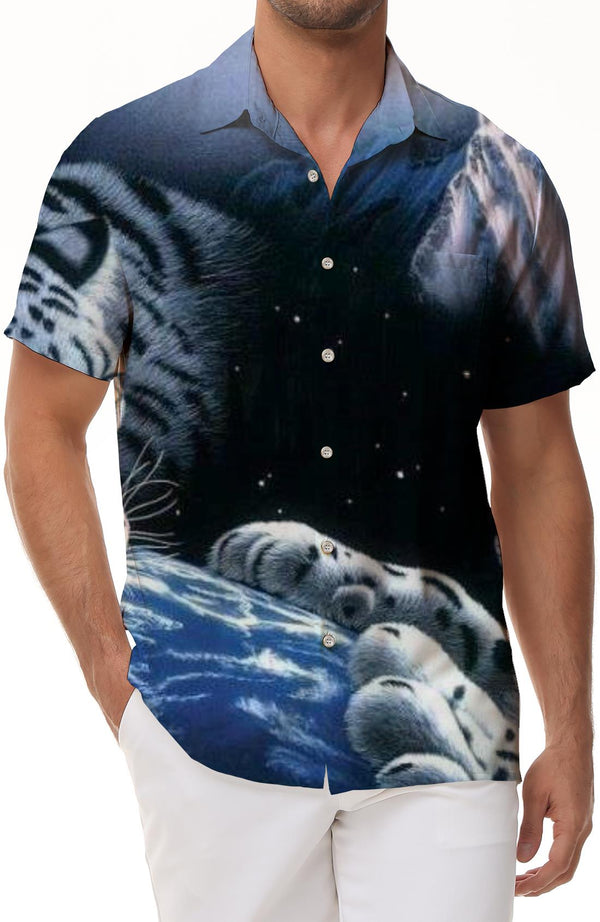 White Tiger Family Full Moon Men's Short Sleeve Shirt Casual Button Summer Beach Shirt Classic Fit Tops
