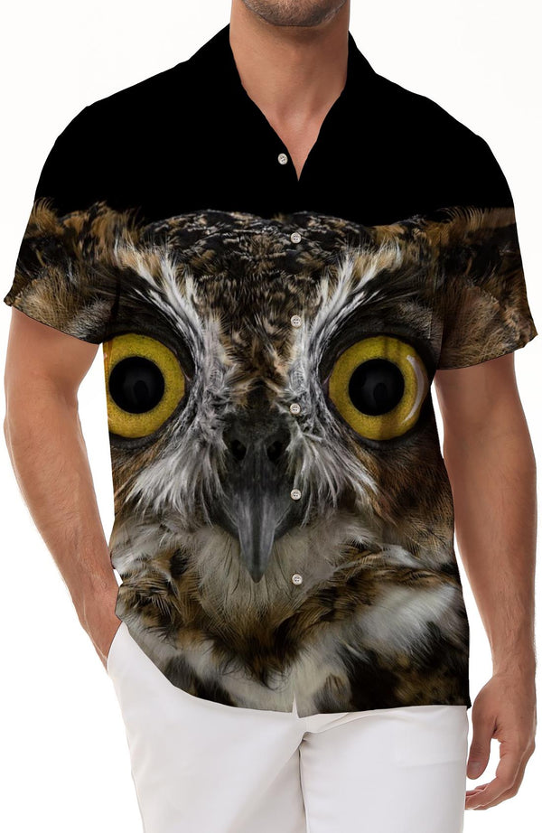 Evil eye eagle owl night black animal 3d print pattern Hawaiian button lapel pocket men's casual style shirt short sleeve street