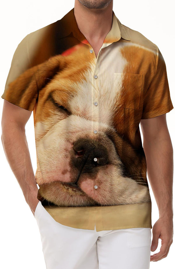French Bulldog 3D Digital Printed Pattern Beach Men Short Sleeve Loose Casual Shirt Holiday Beach Summer Tops With Pockets