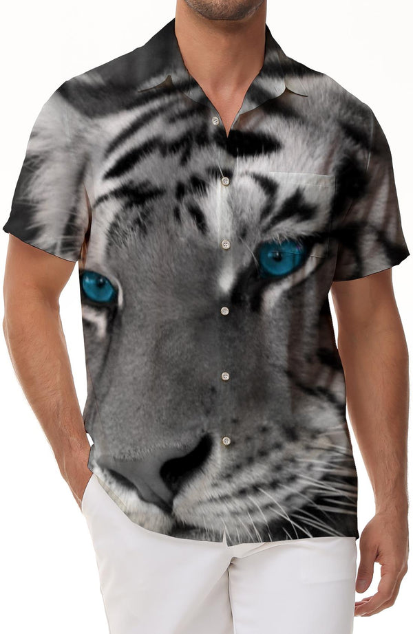 Blue Eyes White Tiger Men's Tropical Four Seasons Button Fashion Shirt Short Sleeve Button Casual Regular Fit