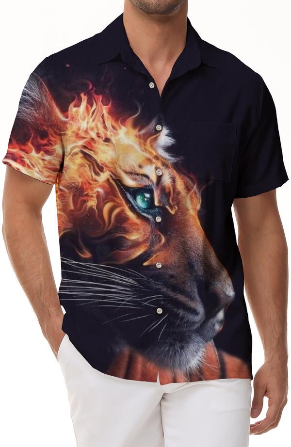 Fierce Tiger Men's Tropical Hawaiian Shirt Short Sleeve Shirt Lapel Tropical Summer Button Shirt with Pockets