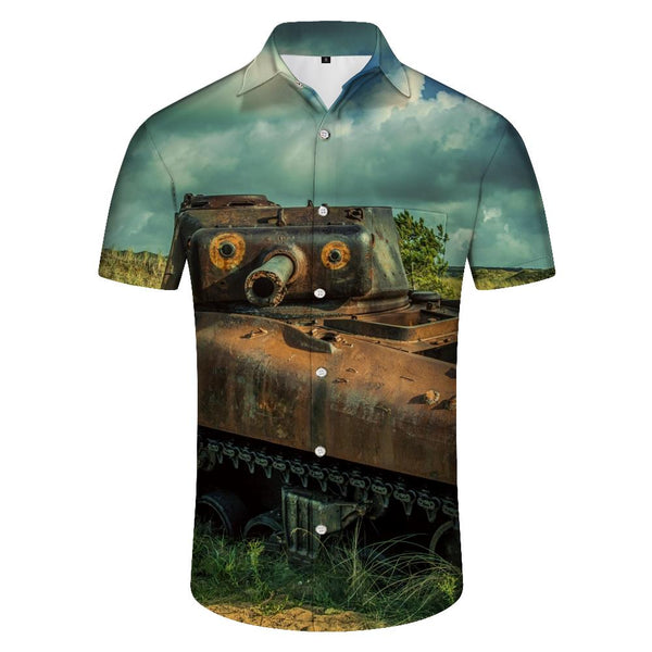 
Army USA Vietnam Era Flamethrower Tank Hawaiian Button Lapel Tropical Men's Loose Street Indoor
                