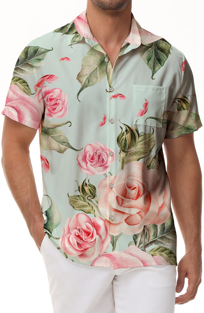 Rose flower casual print button-down beach vacation shirt Hawaiian tropical fun men's