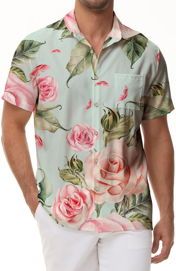 Rose flower casual print button-down beach vacation shirt Hawaiian tropical fun men's