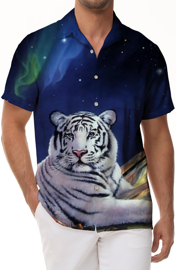 Galaxy White Tiger Pattern Ocean Hawaiian Shirt Lapel Pocket Button Fashion Short Sleeve Men