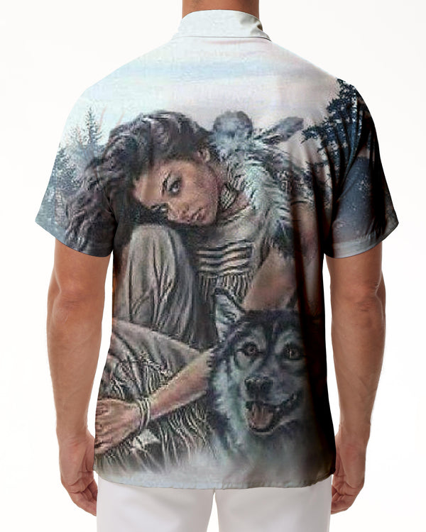 
European and American Animal Wolf Print Pattern Men's Summer Animal Wolf Print Shirt Men's Clothing Short Sleeve Button Top Men's
                