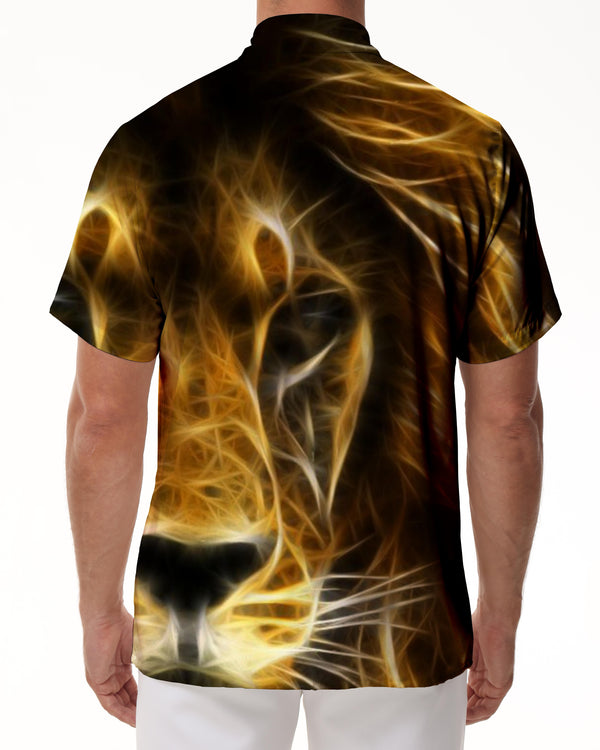 
Lion Print Short Sleeve Hawaiian Shirt Gold Candle Flame Super Cool Pattern Stand Collar Shirt Casual Men's Shirt
                