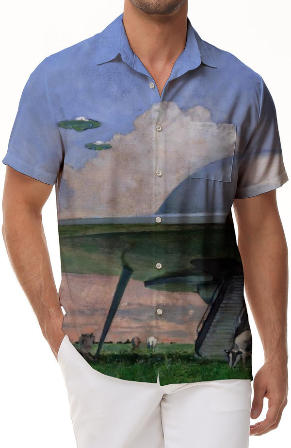 Alien Spaceship Men's Hawaiian Shirt Short Sleeve Button-Up Tropical Shirt Casual Summer Beach Shirt Fashion Comfortable Breathable