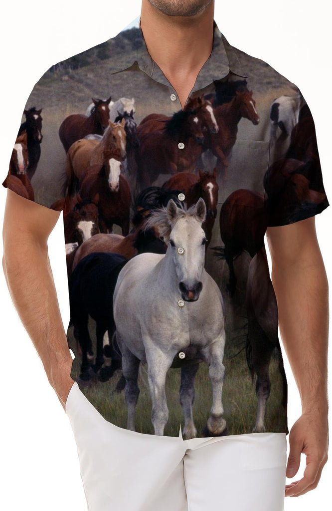 Brown horse galloping in the grassland desert men's Hawaiian shirt top holiday short sleeve