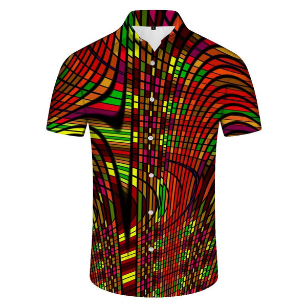 
Cool geometric fashion trend Hawaiian style button-down men's daily street tops shirt
                
