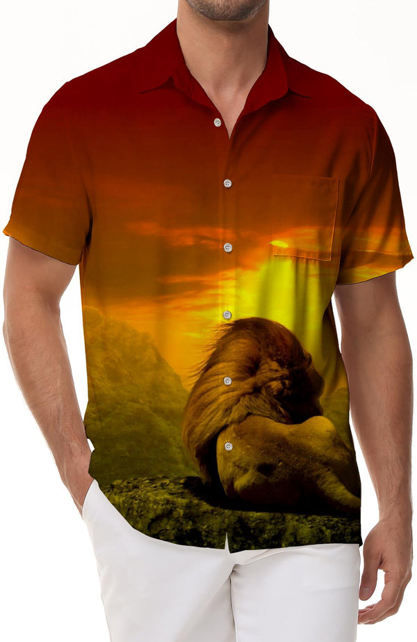 Sunset natural scenery lion short sleeve men's casual shirt top novel 3D pattern festival summer regular style