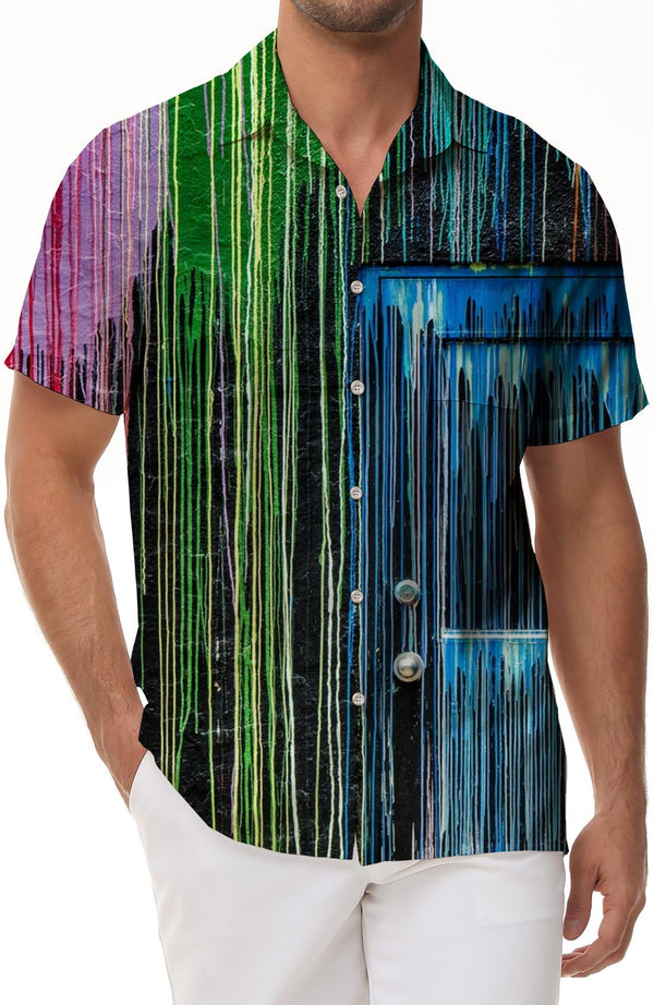 Wall rainbow watercolor casual loose men's short-sleeved shirt Hawaiian button-down loose lapel top seaside summer trend