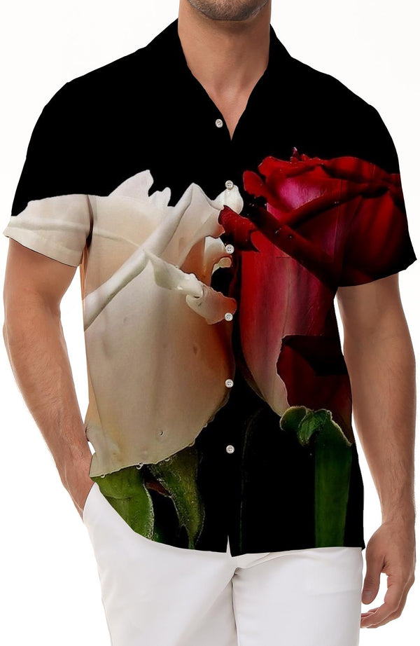 White and red roses, black casual loose daily travel short-sleeved shirt men's short-sleeved shirt beach seaside vacation