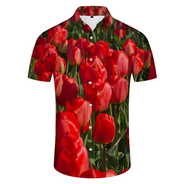 
Red flower tulip pattern casual men's short-sleeved beach shirt Hawaiian button lapel pocket short-sleeved shirt beautiful flowers
                