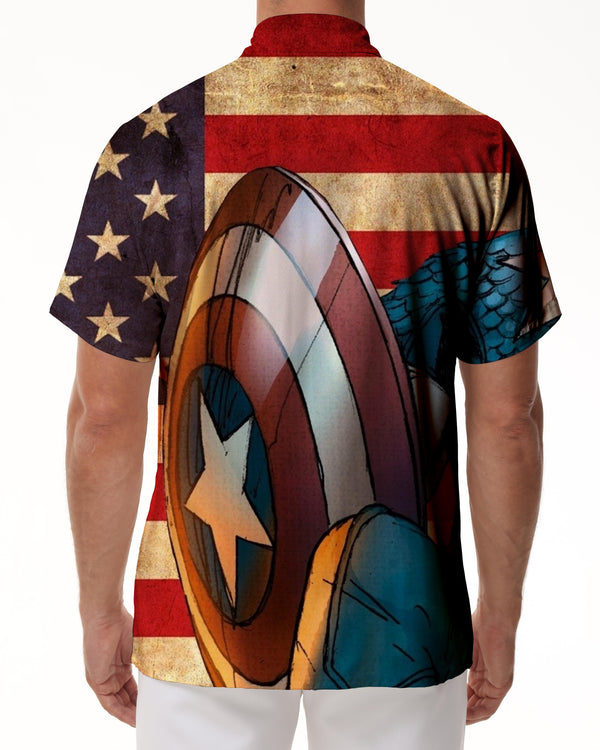 
Captain America shield men's retro simple fashion short-sleeved shirt Hawaiian button seaside vacation short-sleeved shirt beach
                