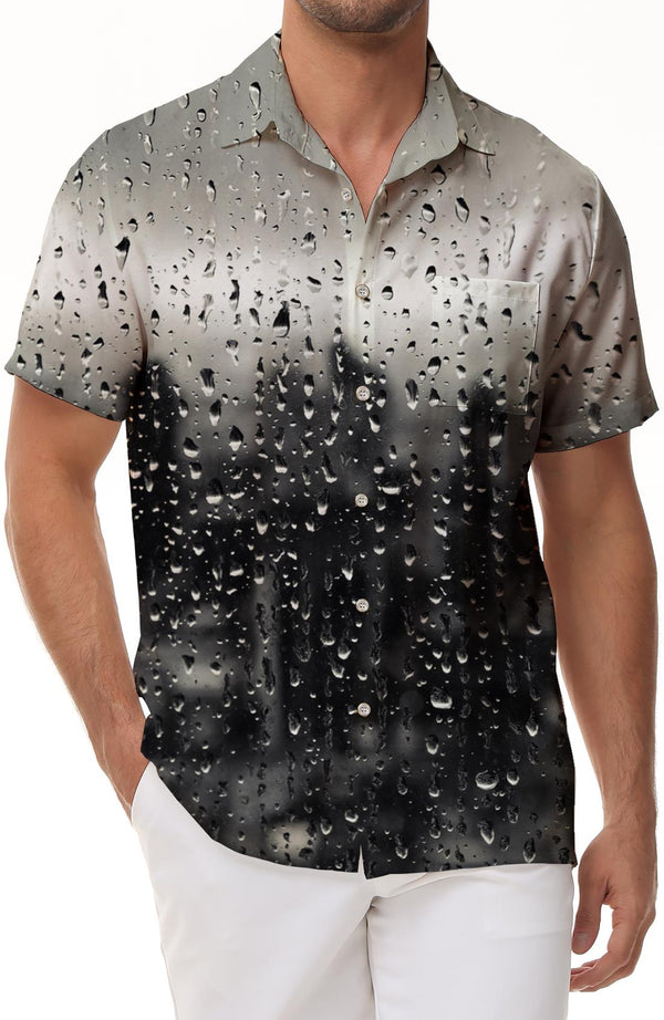 Rainy Day Atmosphere Rain Casual Style Men's Retro Hawaiian Button Pocket Lapel Short Sleeve Button Fun Party