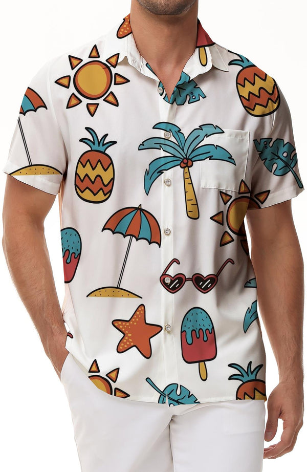 White summer pattern men's button-down casual loose daily simple style Hawaiian polyester tropical beach play