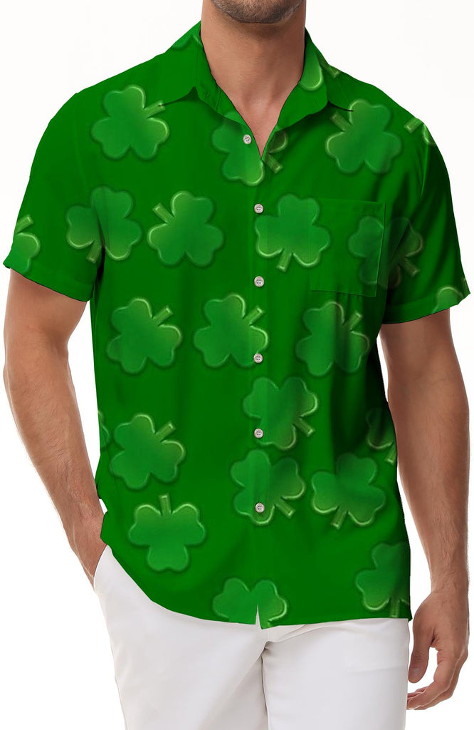 Clover Loose Summer Beach Men's Hawaiian Shirt Short Sleeve Shirt Casual Button Shirt Green