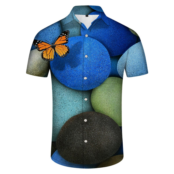 
Lucky Stone and Butterfly Print Men's Casual Short Sleeve Shirt Four Seasons Button Hawaiian Shirt Blue
                