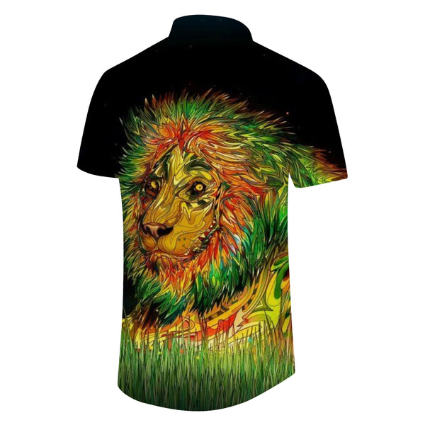 
Neon color art tropical rainforest animal lion hip hop casual men's short sleeve loose Hawaiian lapel pocket four seasons shirt
                