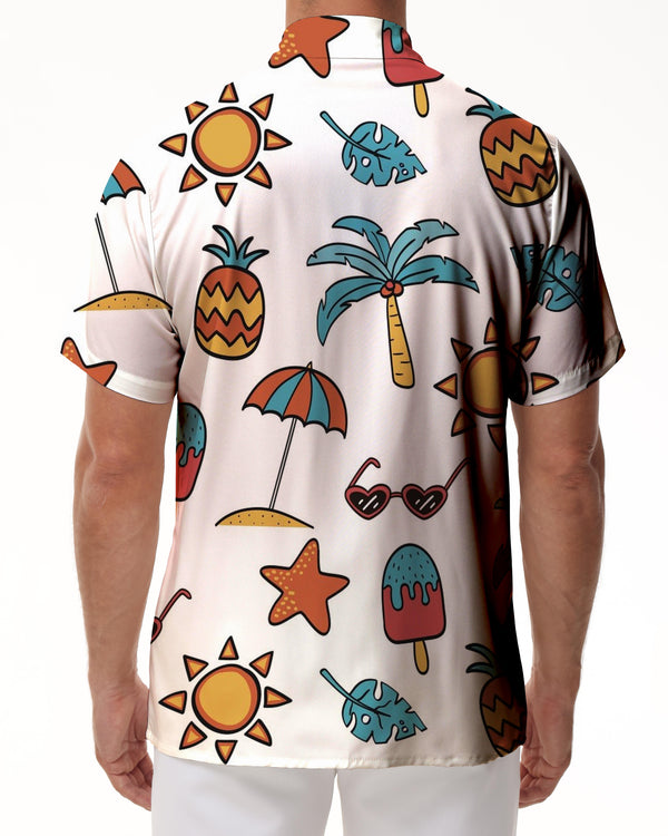 
White summer pattern men's button-down casual loose daily simple style Hawaiian polyester tropical beach play
                