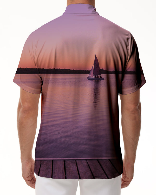 
Beautiful sunset seaside boat Hawaiian shirt button shirt summer short-sleeved top men's shirt beach clothing
                