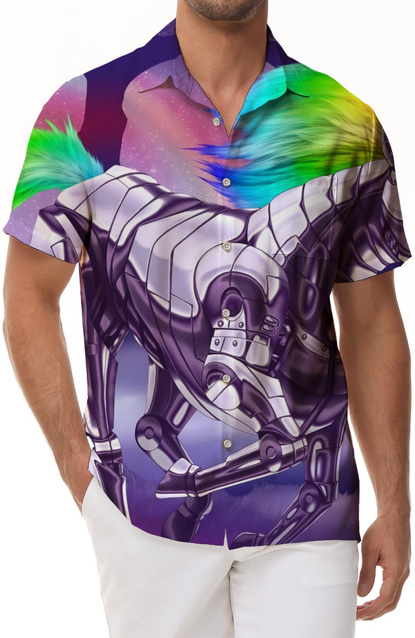 Mechanical Purple Unicorn Men's Short Sleeve Shirt Button Down Hawaiian Shirt Perfect for Summer Beaches