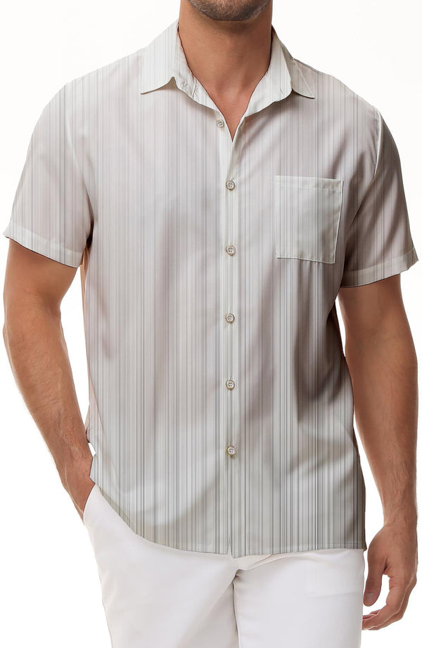 White Men's Striped Button Dress Shirt Polyester Lapel Lightweight Casual Fashion Short Sleeve Shirt