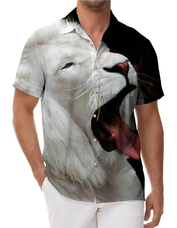 Liberty White Elegant Lion Shirt New Men's 3D Printed Animal Pattern Short Sleeve Button Hawaiian Party Top