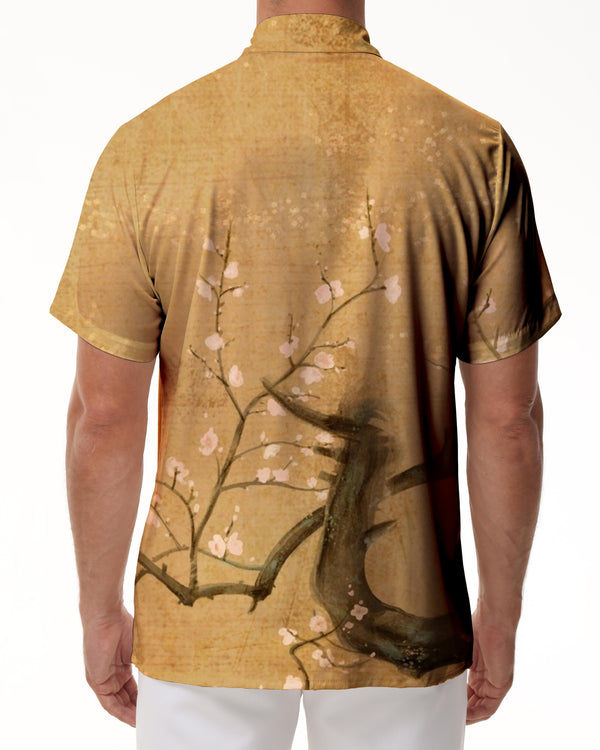 
Peach Blossom Style Ancient Art Painting Men's Casual Shirt Short Sleeve Hawaiian Button Pocket Lapel Trend
                