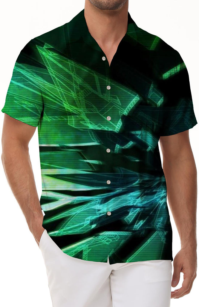 Hawaiian button-down lapel pocket short-sleeved shirt for men casual daily loose glass print pattern fashion short-sleeved top