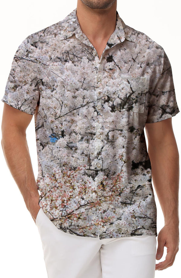 White cherry blossom 3d digital printing travel street fishing men's casual loose Hawaiian tropical four seasons button short sleeve shirt lapel
