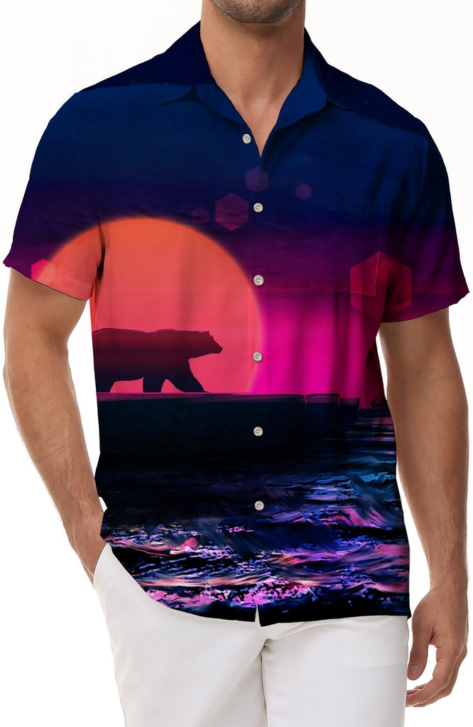 Lonely Panda Mixed Color Sunset Men's Summer Casual Print Short Sleeve Shirt Hawaiian Rainforest