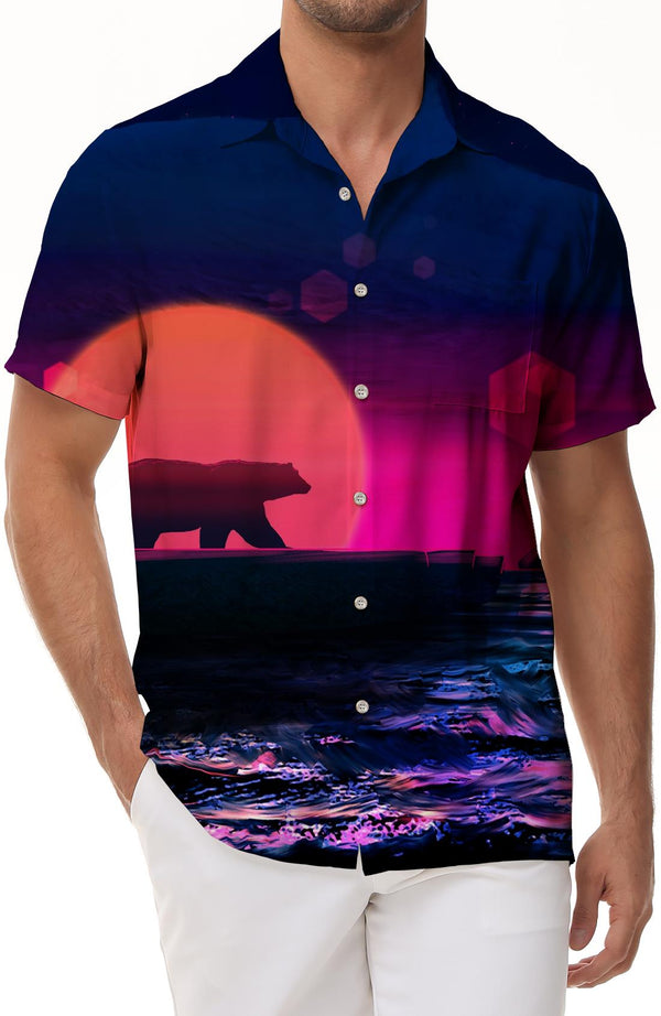 Lonely Panda Mixed Color Sunset Men's Summer Casual Print Short Sleeve Shirt Hawaiian Rainforest