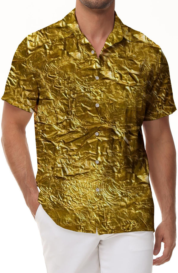 Metallic Tinfoil Button Shirt Glitter Short Sleeve Lapel Men 80s Disco Top Nightclub Dance Party Rave Luxury Shirt Sequin