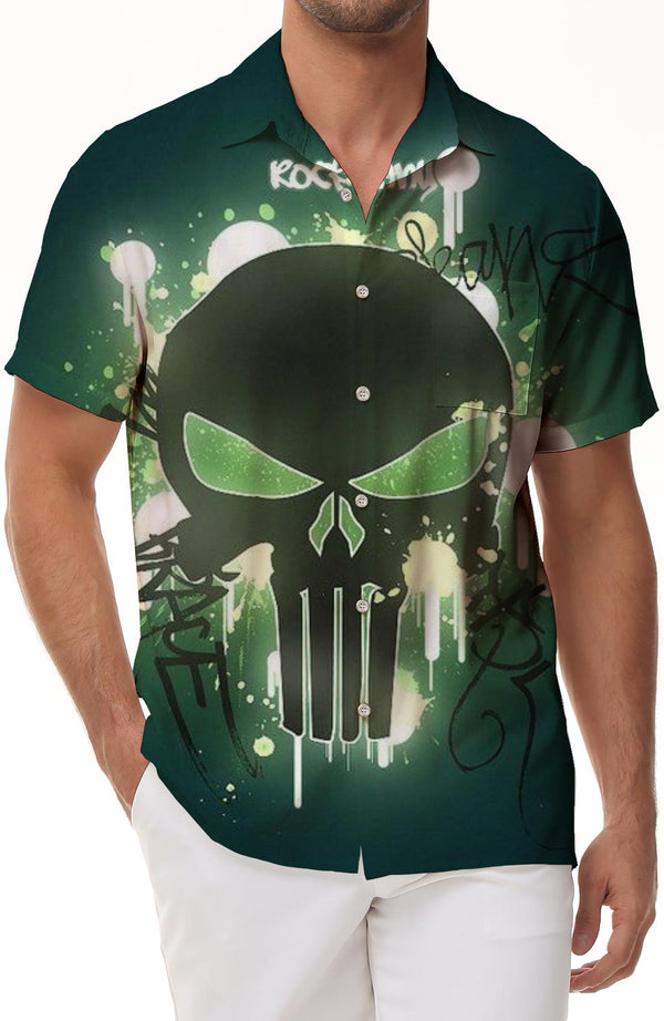 Death sign skull Hawaiian tropical button print men's casual loose hot seaside beach clothing